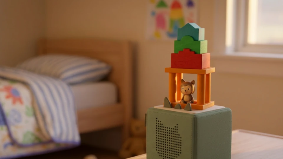 Ein Turm aus bunten Bausteinen steht auf einer Toniebox® im Kinderzimmer.